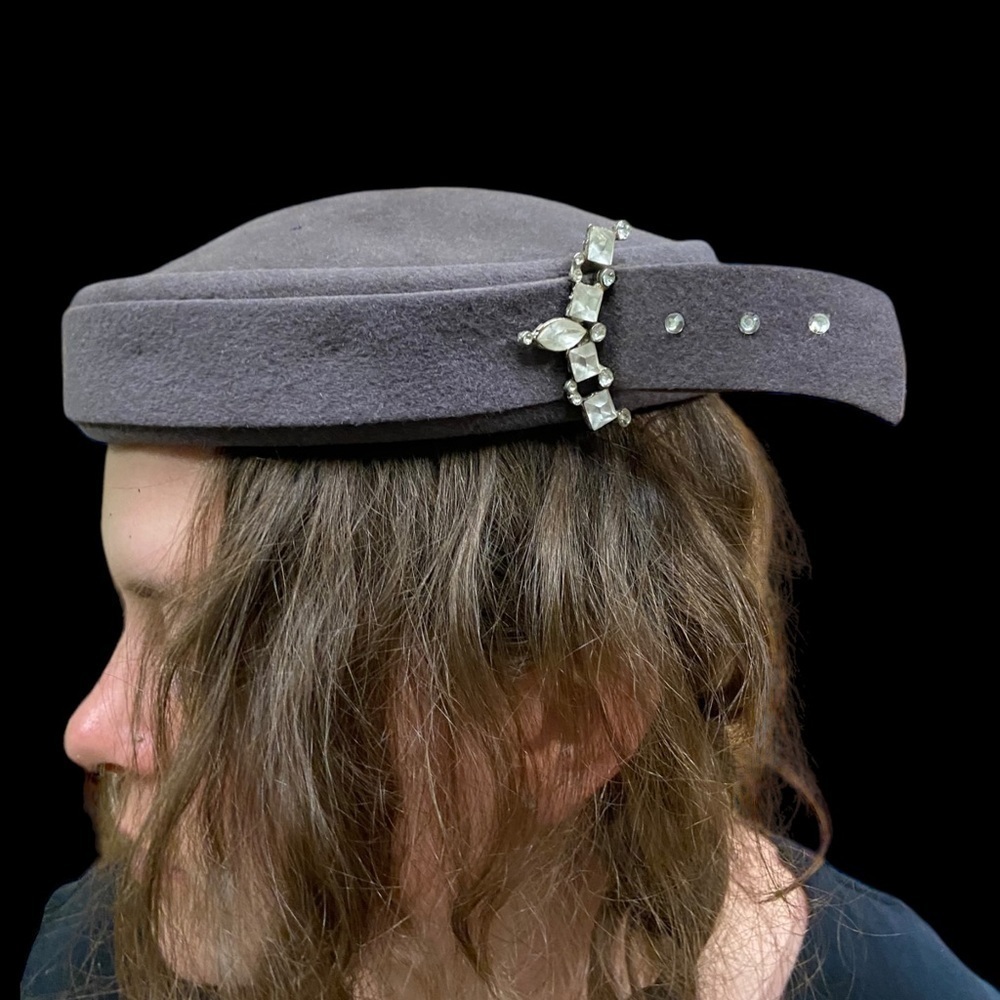 Mid Century Gray Cashmere W/Rhinestones Pillbox Hat